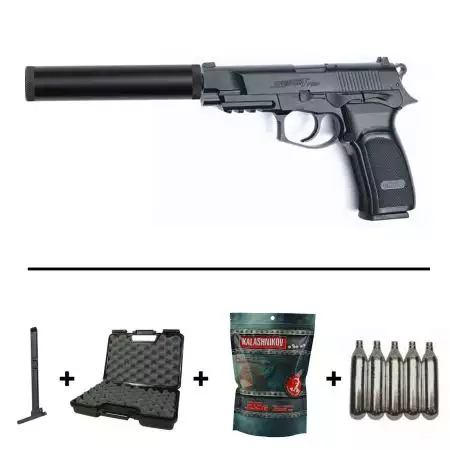 Pack Pistolet Bersa Thunder 9 Pro CO2 (17309) + Silencieux + 2 Chargeurs + 5 Cartouches CO2 + Mallette de Transport + 4000 Billes 0.25g