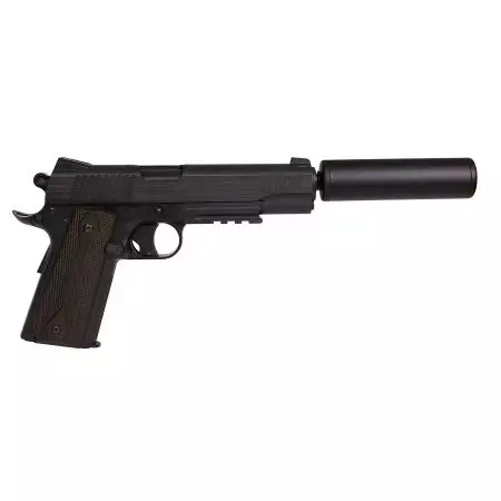 Pack Pistolet Colt 1911 Rail Gun GNB Blackened Co2 (180314) + Silencieux + 5 Cartouches Co2 + Mallette de Transport + 4000 Billes 0.25g