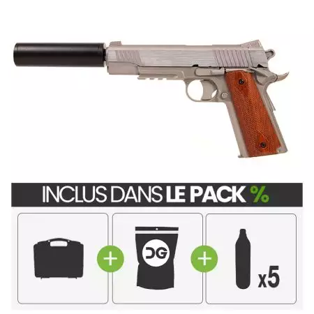 Pack Pistolet Colt 1911 Rail Gun Stainless Co2 GNB (180315) + Silencieux + 5 Cartouches Co2 + Mallette + 4000 Billes 0.25g