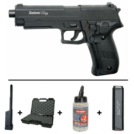 Pack Pistolet Zastava CZ 99 Cyma CM122 AEP (16492) + Chargeur 90 Billes + Mallette + Biberon 2000 Billes Blanches 0.20g + 2 Batteries 5000mAh