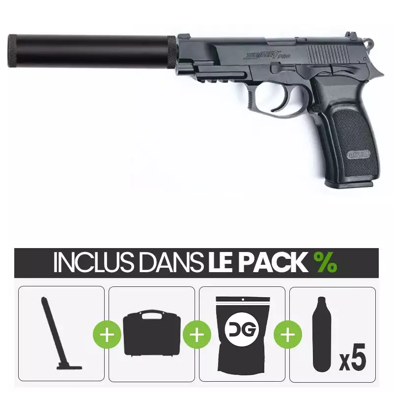 Pack Pistolet Bersa Thunder 9 Pro CO2 (17309) + Silencieux + 2 Charg..