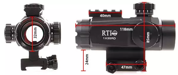 lunette red dot tube 1x35 point rouge rail picatinny rti optics dimensions airsoft 1